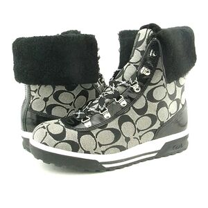 Authentic COACH Tailor Signature Short Sherling Leather Boots|Blk Gray & White|6